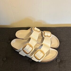 Birkenstock bid buckle Cream Sandals with Gold Buckles